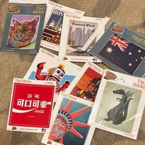 Retro Vinyl Sticker Lot - Colorful Travel & Pop Art Designs